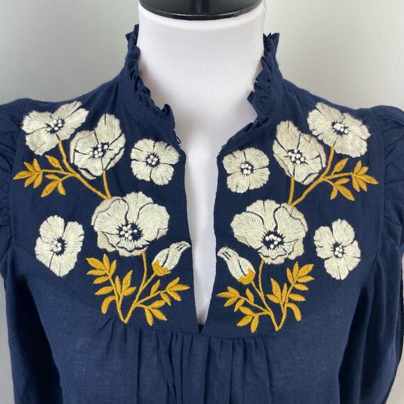 St. Roche Navy Embroidered Poppy Top Small - Picture 3 of 8
